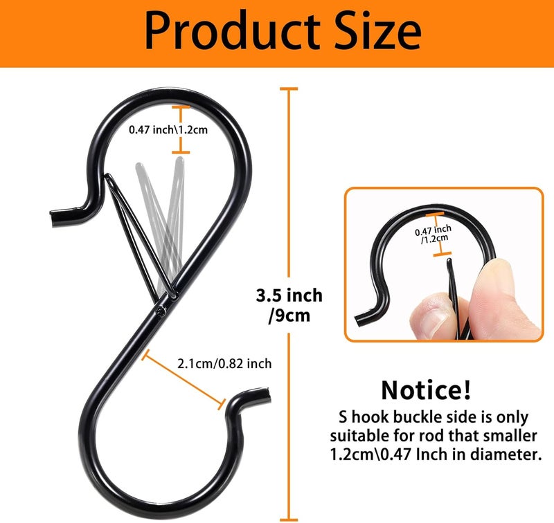 iCafePub 12 PCS S Hooks for Hanging with Safety Buckle, 3.5 inch Heavy Duty Metal S Shaped Hooks for Kitchen Utensil, Cups, Pots, Plants, Bags, Hats (Black) - Image 3